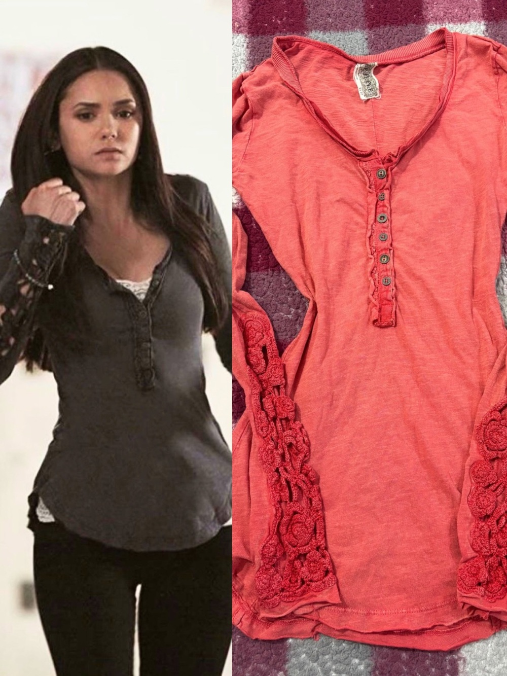 ASO Elena Gilbert The Vampire Diaries Crochet Cuff Henley Top Alt Coral Color XS